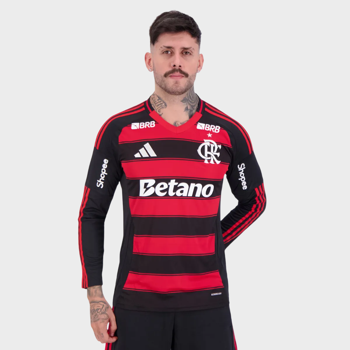 Camisa Flamengo I Manga Longa 25/26 + Patrocínios - Vermelha e Preta