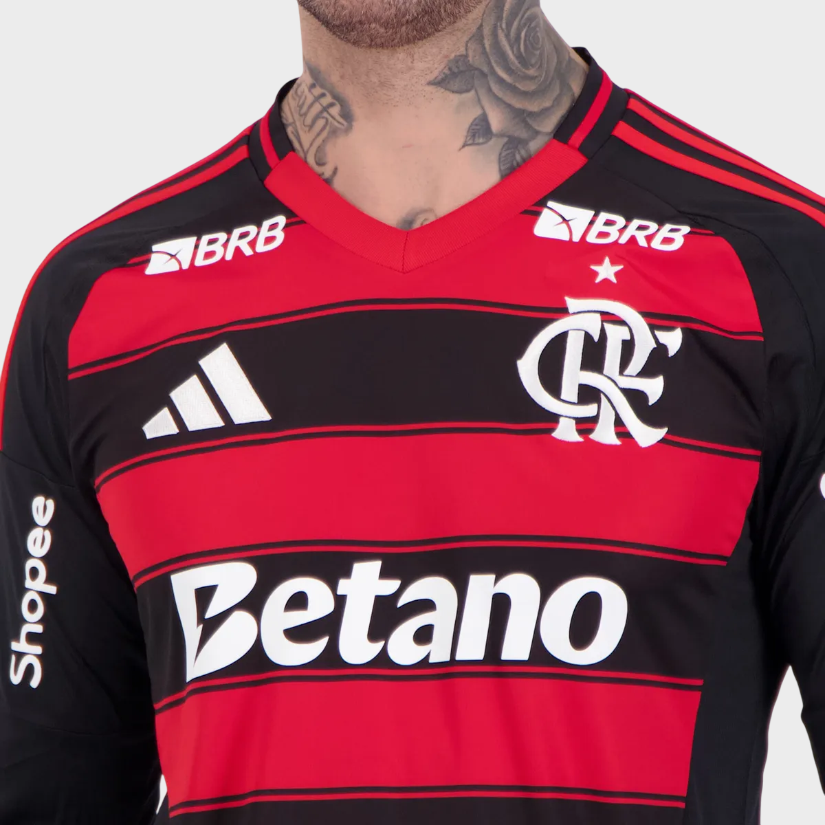 Camisa Flamengo I Manga Longa 25/26 + Patrocínios - Vermelha e Preta