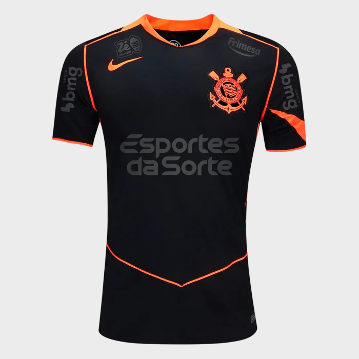 Camisa Corinthians III 25/26 - Torcedor - Preta e Laranja + Patrocínios