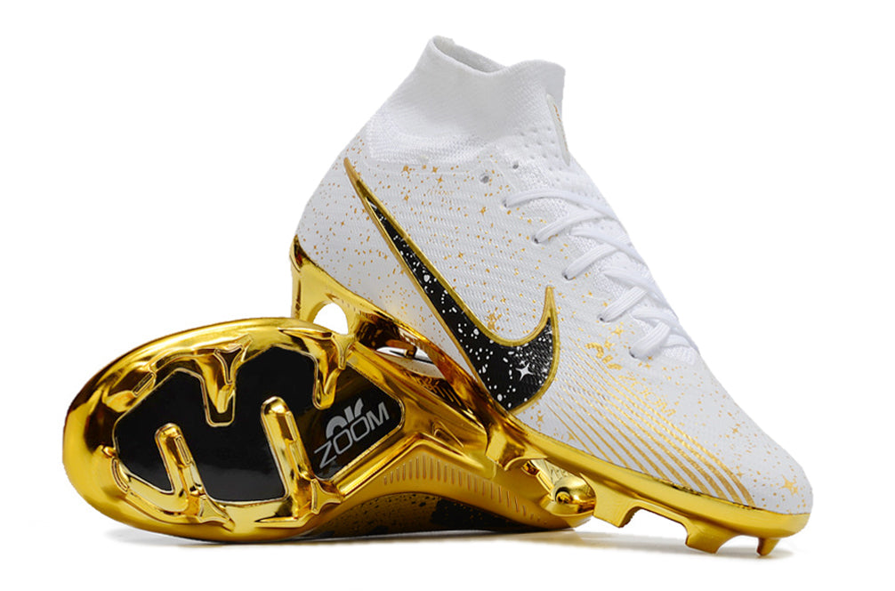 Chuteira Campo Nike Air Zoom Mercurial Superfly 9 Elite FG Branca, Preta e Dourada