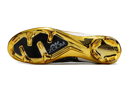 Chuteira Campo Nike Air Zoom Mercurial Superfly 9 Elite FG Branca, Preta e Dourada