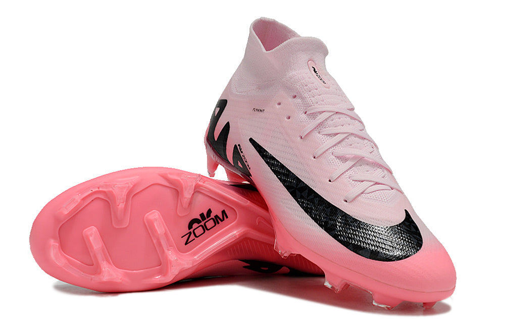 Chuteira Campo Nike Air Zoom Mercurial Vapor 15 Elite FG Rosa e Preto "Mad Brilliance Pack" Cano Alto