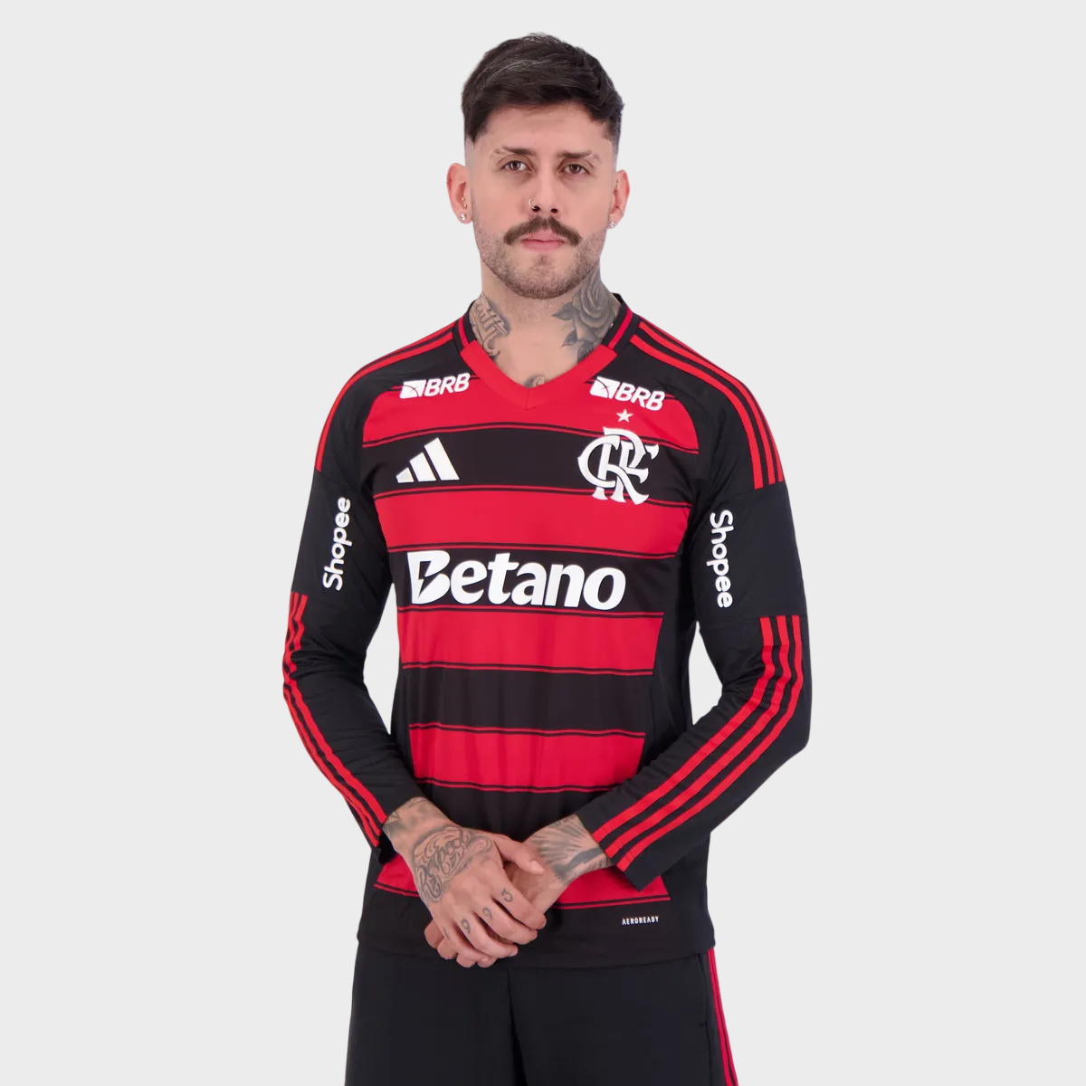 Camisa Flamengo I Manga Longa 25/26 + Patrocínios - Vermelha e Preta