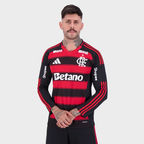 Camisa Flamengo I Manga Longa 25/26 + Patrocínios - Vermelha e Preta