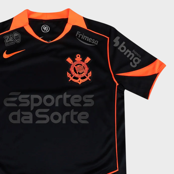 Camisa Corinthians III 25/26 - Torcedor - Preta e Laranja + Patrocínios