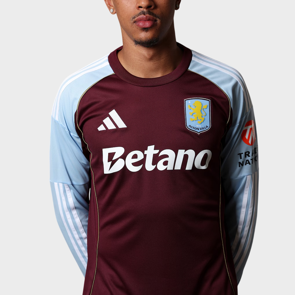 Camisa Aston Villa I Manga Longa 25/26 Adidas Torcedor Masculina - Vinho e Azul